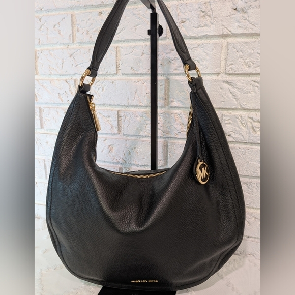 Michael Kors Lydia Large Black Pebbled Leather Shoulder Bag Hobo Boho Purse MK - Picture 2 of 16